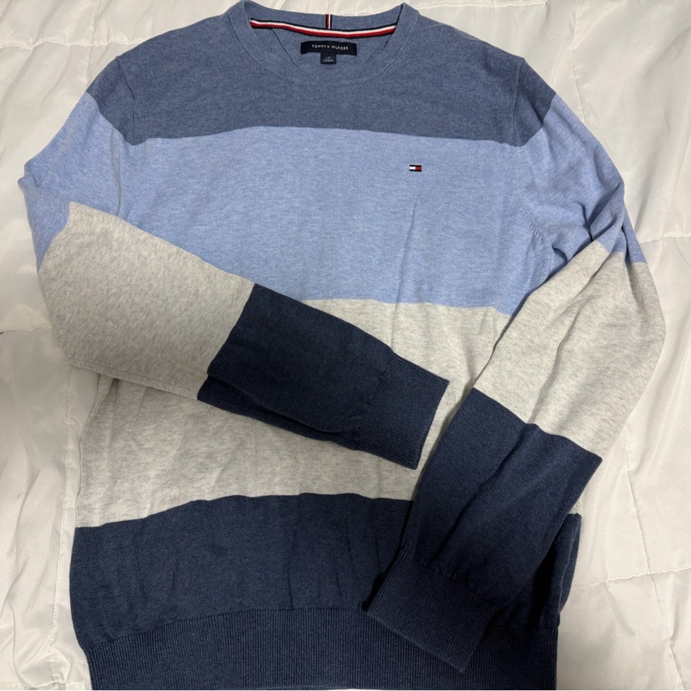 Tommy Hilfiger Men's Crewneck Sweater - Blue and Gray Colodblock Stripe